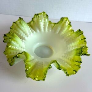 Antique Fenton Ruffle Dot Accent Green + White Opalescent Handblown Glass Bowl
